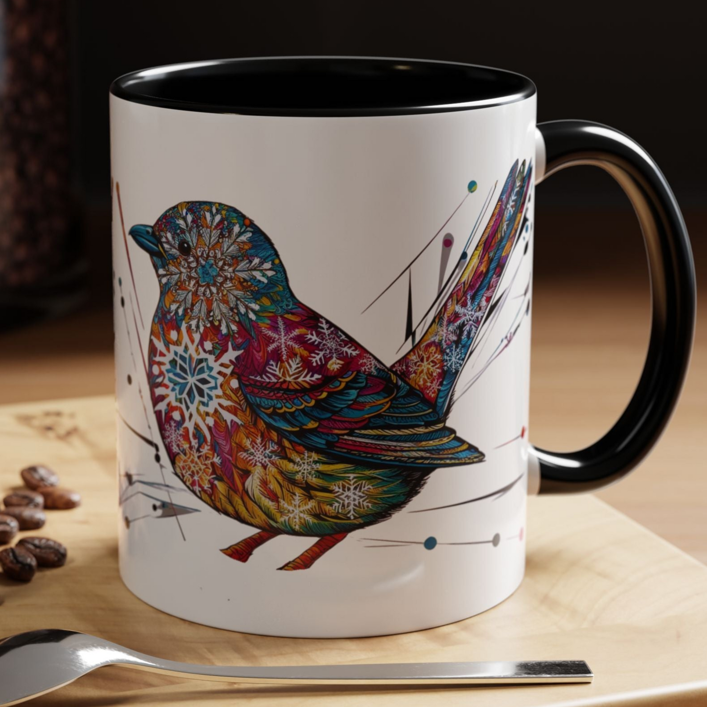 Bird Snowflake Winter Modern Unique Design Coffee Mug, Bird Nerd Mug (11, 15oz), Holiday Christmas Mug for Bird Lover, Gift for Teacher