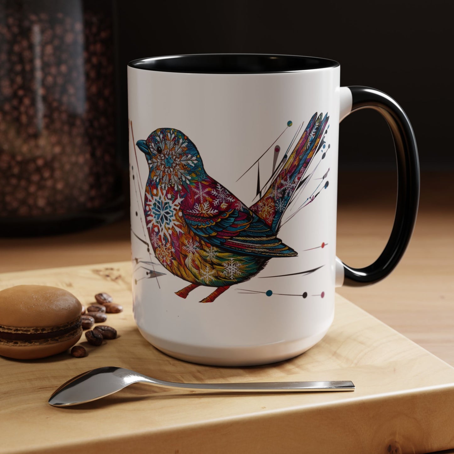 Bird Snowflake Winter Modern Unique Design Coffee Mug, Bird Nerd Mug (11, 15oz), Holiday Christmas Mug for Bird Lover, Gift for Teacher